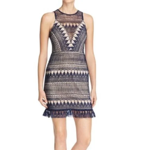 Aqua | Dresses | Aqua Bloomingdales Embroidered Lace Navy Blue Tan  Sleeveless Cocktail Dress Xs | Poshmark